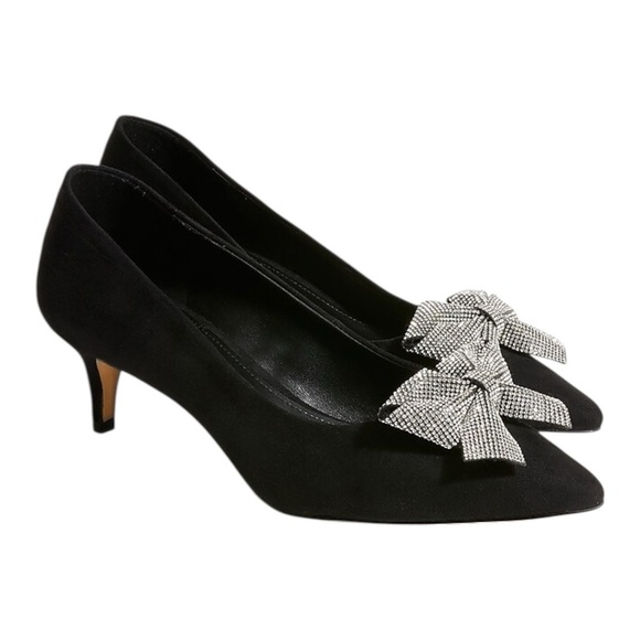 J. Crew Black Suede Este Kitten Heels with a Rhinestone Bow Womens 6.5 - Picture 1 of 8